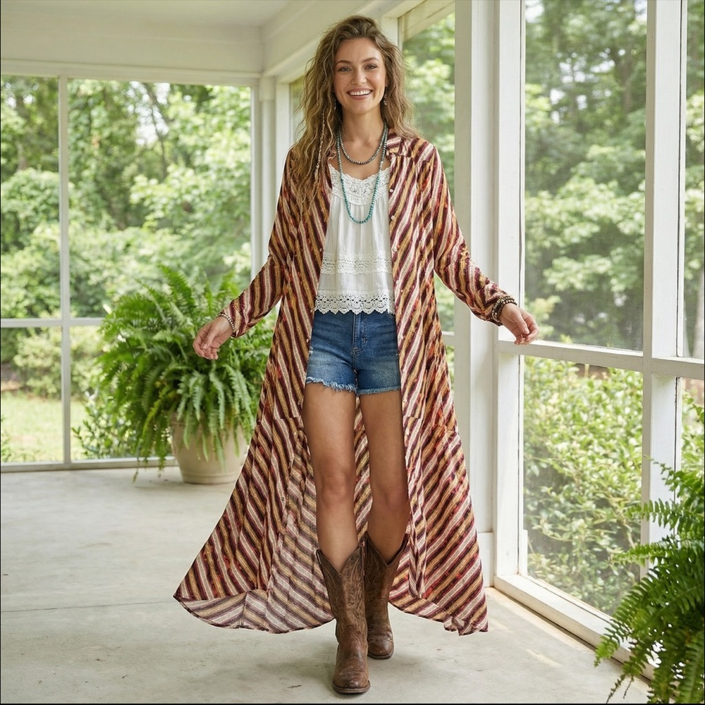 JADED GYPSY Fade Away Duster S/M Vintage Stripes Bleached Look